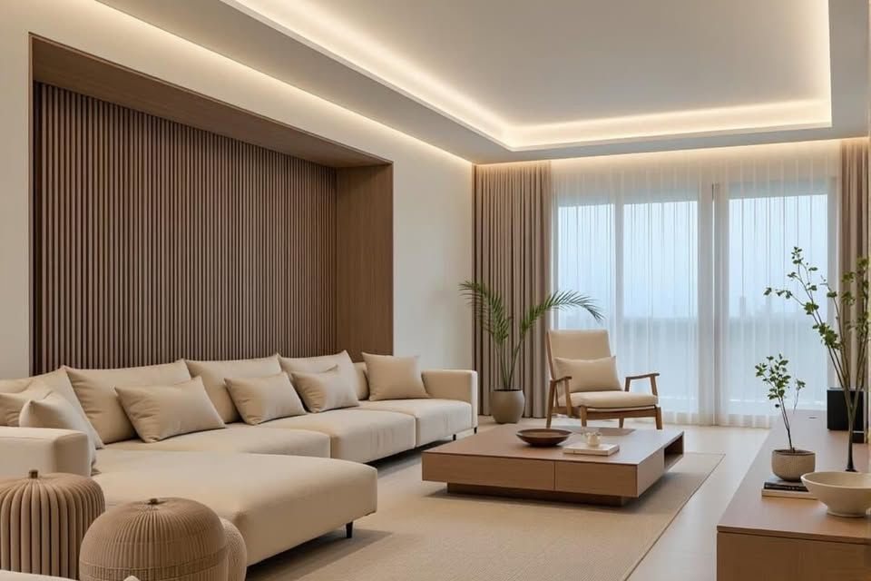 Salon d'un appartement contemporain en travertin