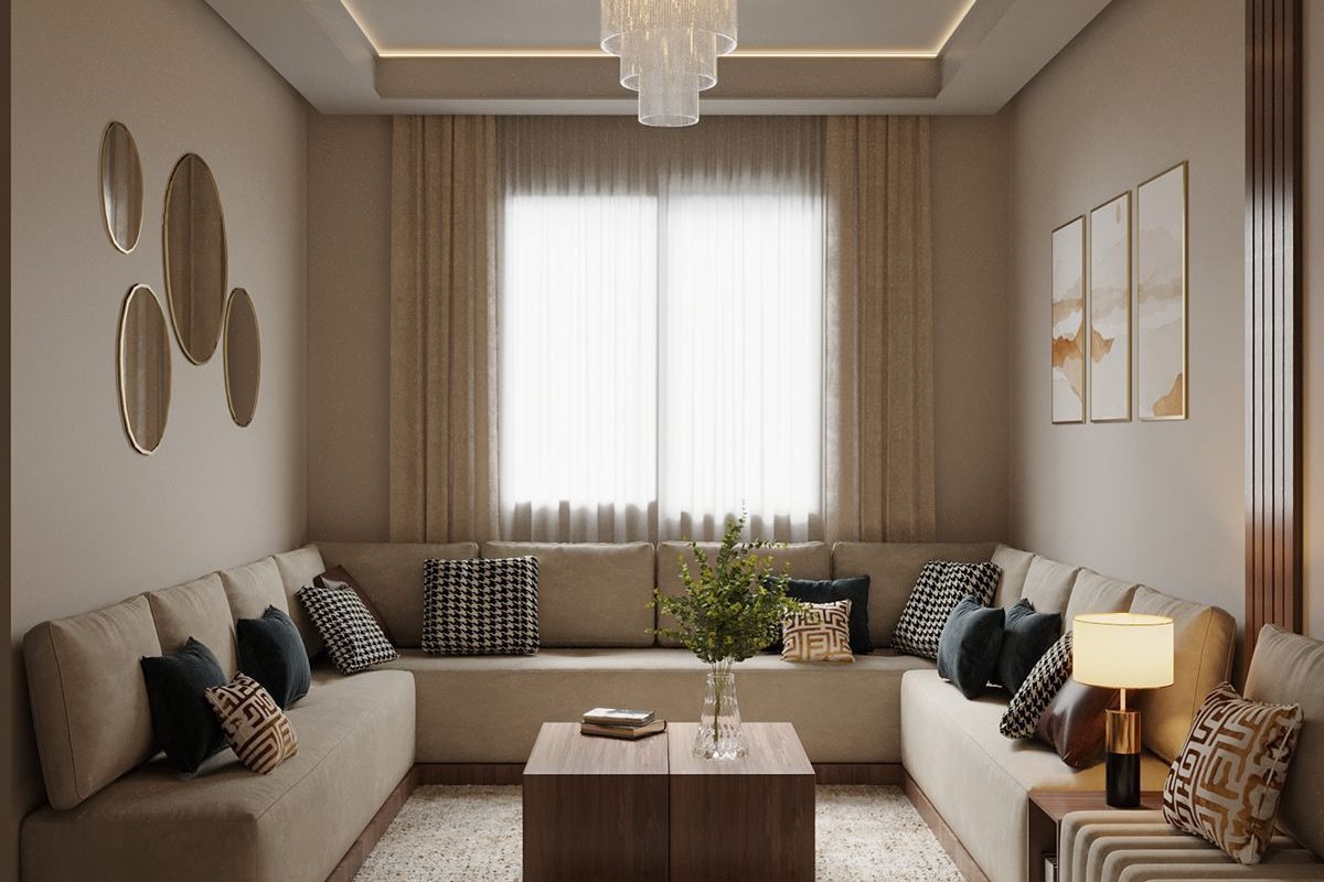 Salon d'un appartement contemporain en travertin