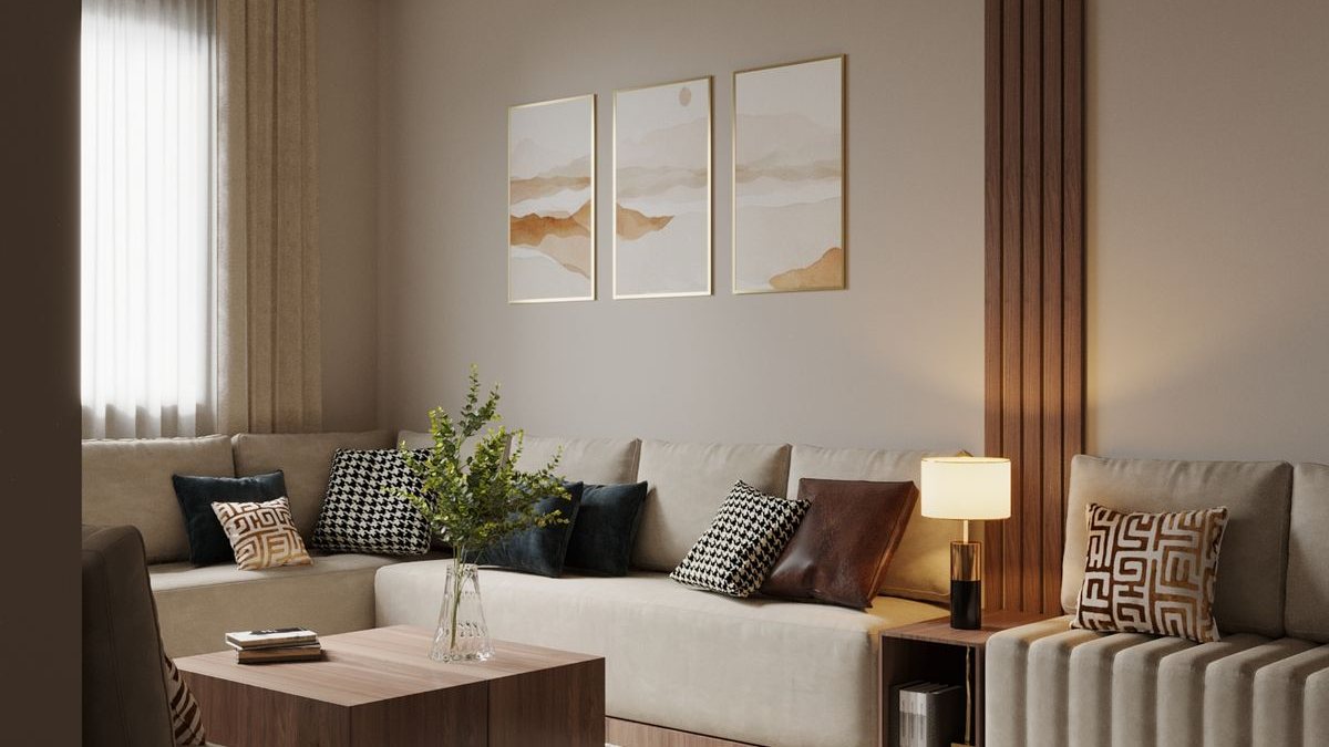 Salon d'un appartement contemporain en travertin