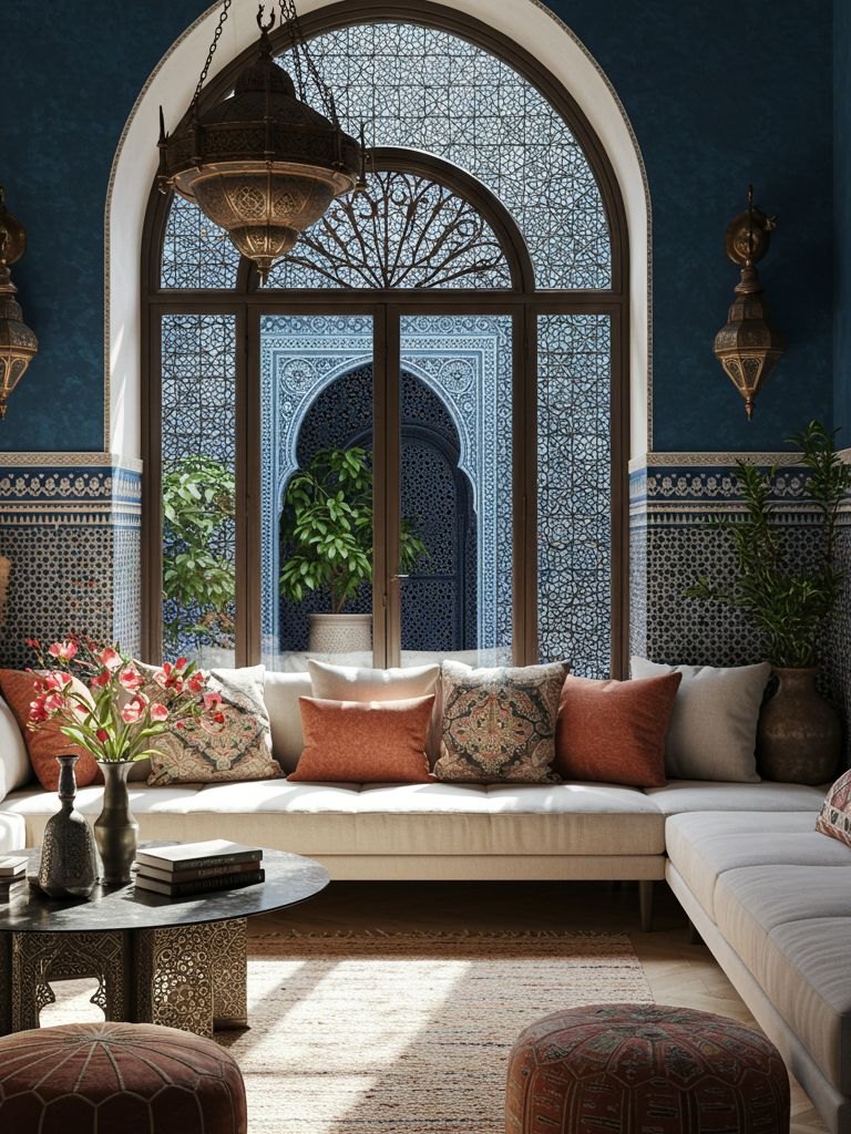 Arche mauresque et salon aux tons profonds, artisanat marocain